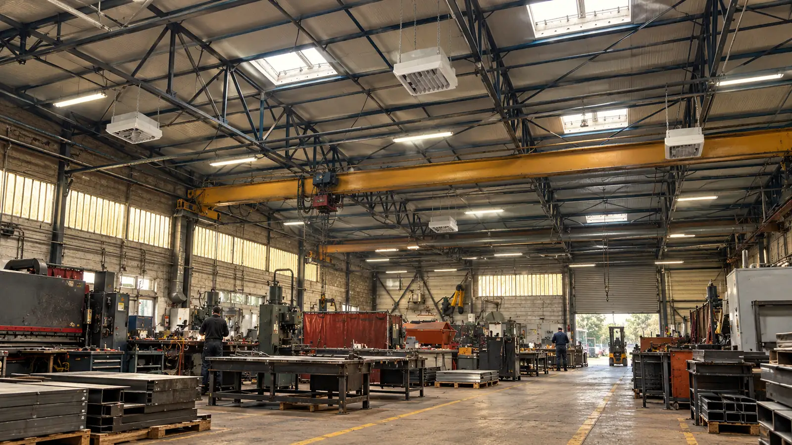 Atelier en activité avec pont roulant et déstratificateurs suspendus sous la charpente.