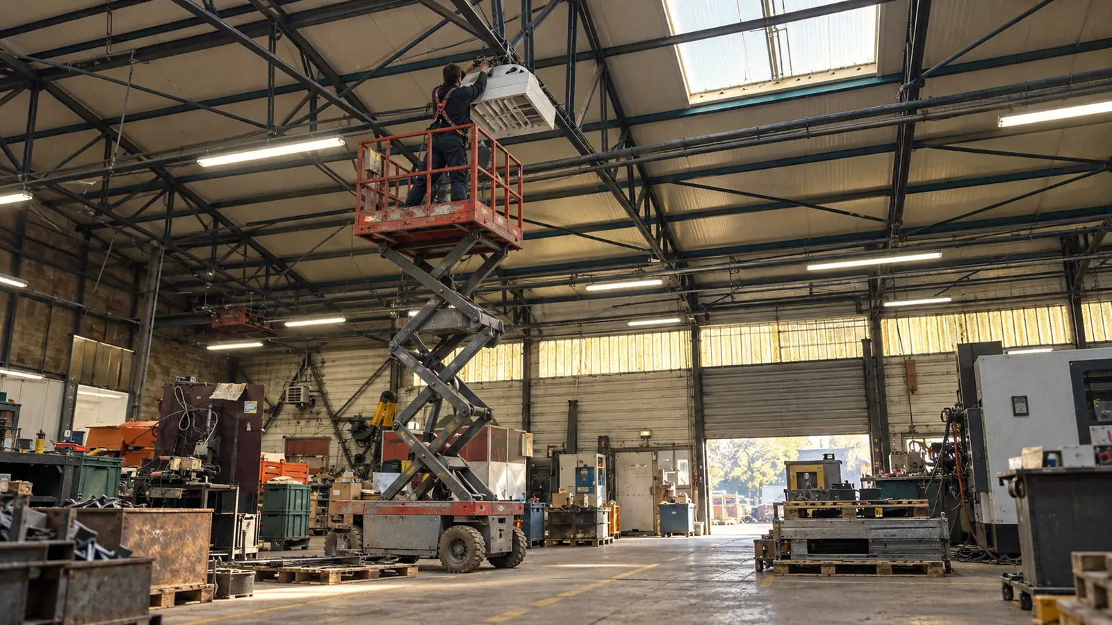 Technicien sur une nacelle, en train de fixer un déstratificateur sous la charpente.