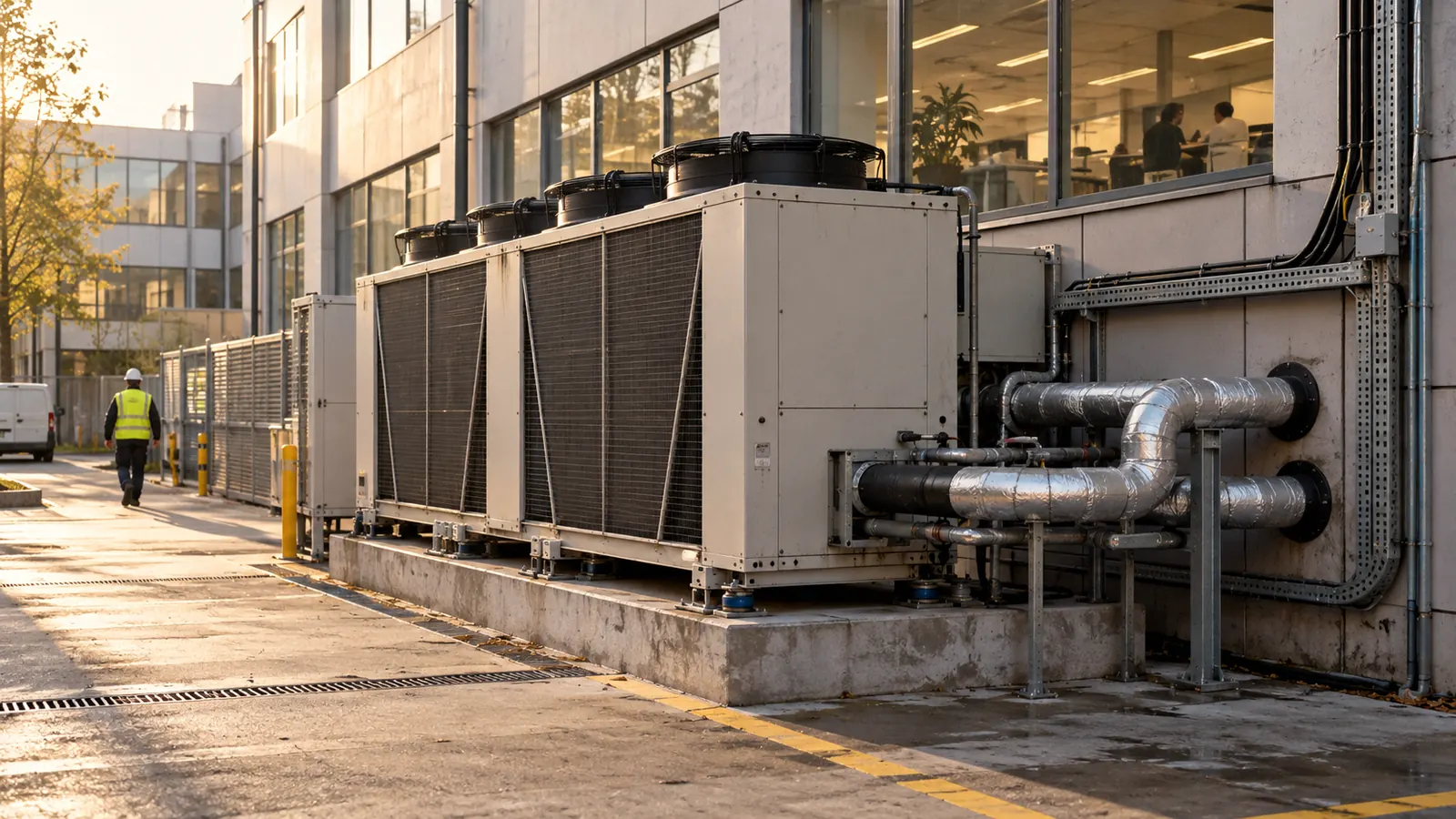 Pompe à chaleur air/eau de grande puissance contre un bâtiment tertiaire.