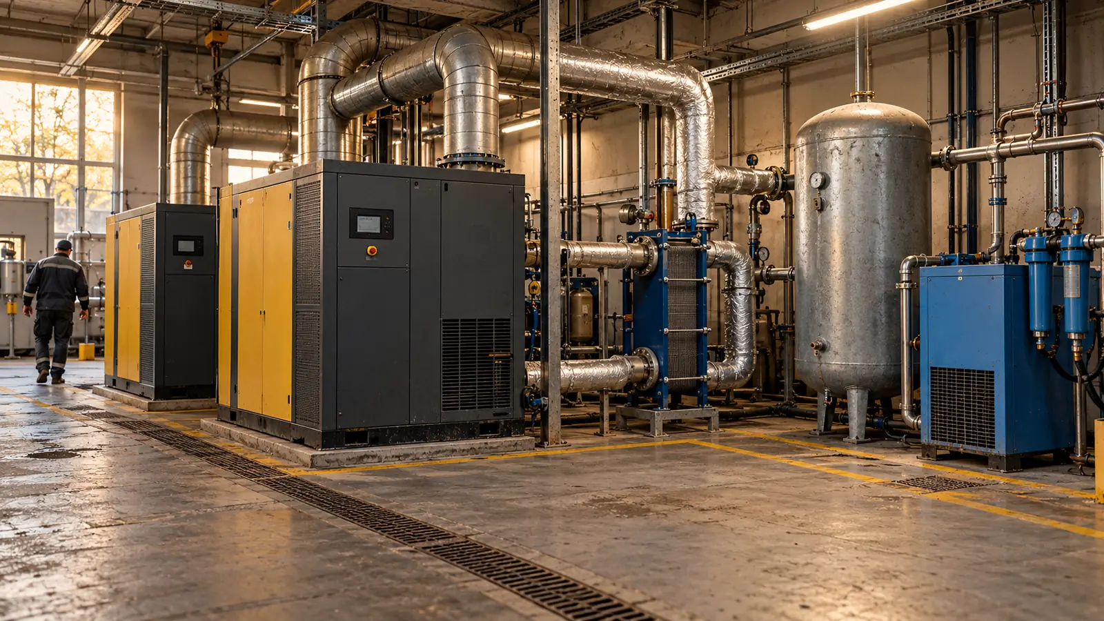 Salle de compresseurs d’air avec échangeur de récupération de chaleur.
