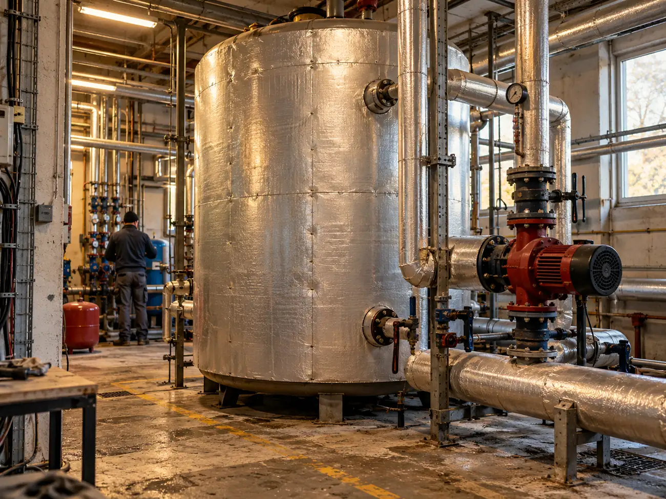 Ballon d’eau chaude industriel dans un local technique.