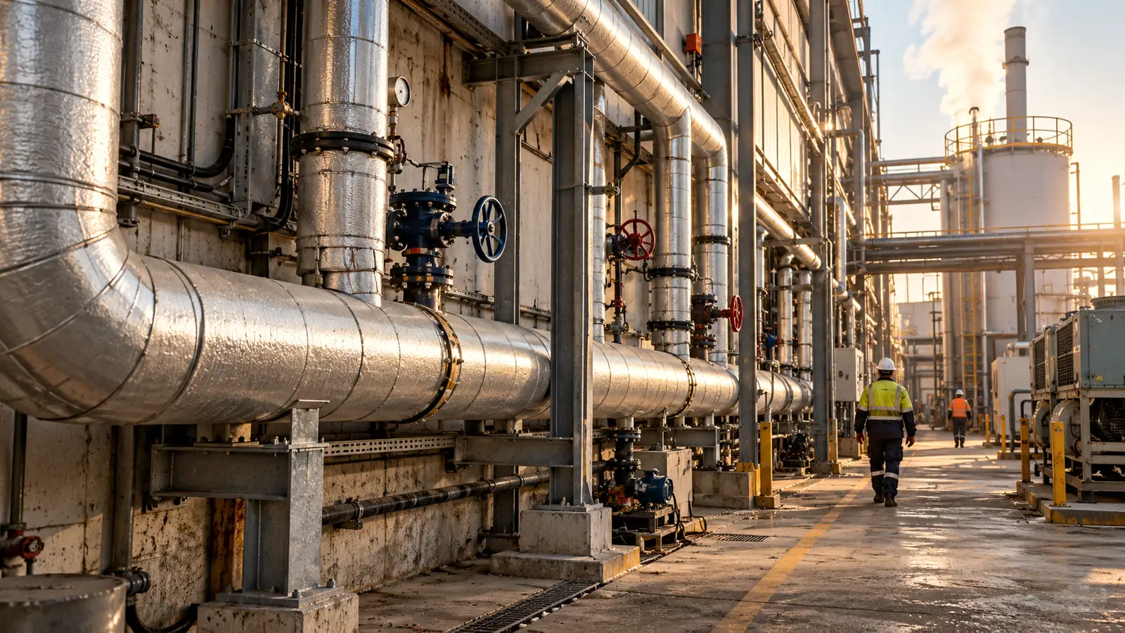 Tuyauteries calorifugées le long du mur d’une usine.
