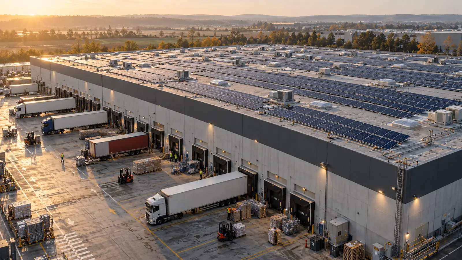 Toiture d’un bâtiment logistique équipée de panneaux solaires, vue de drone.
