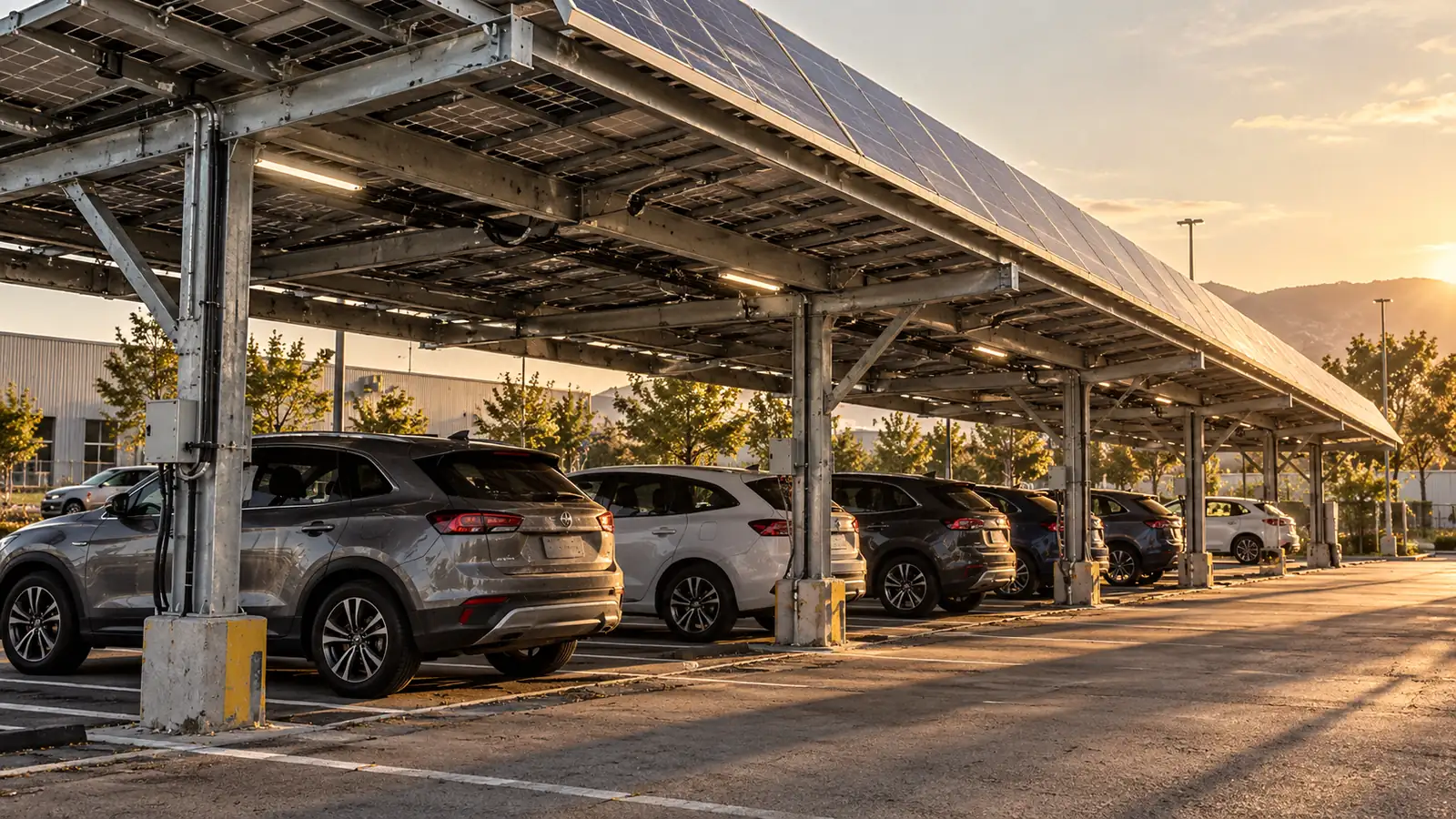 Ombrière photovoltaïque au-dessus d’un parking d’entreprise.