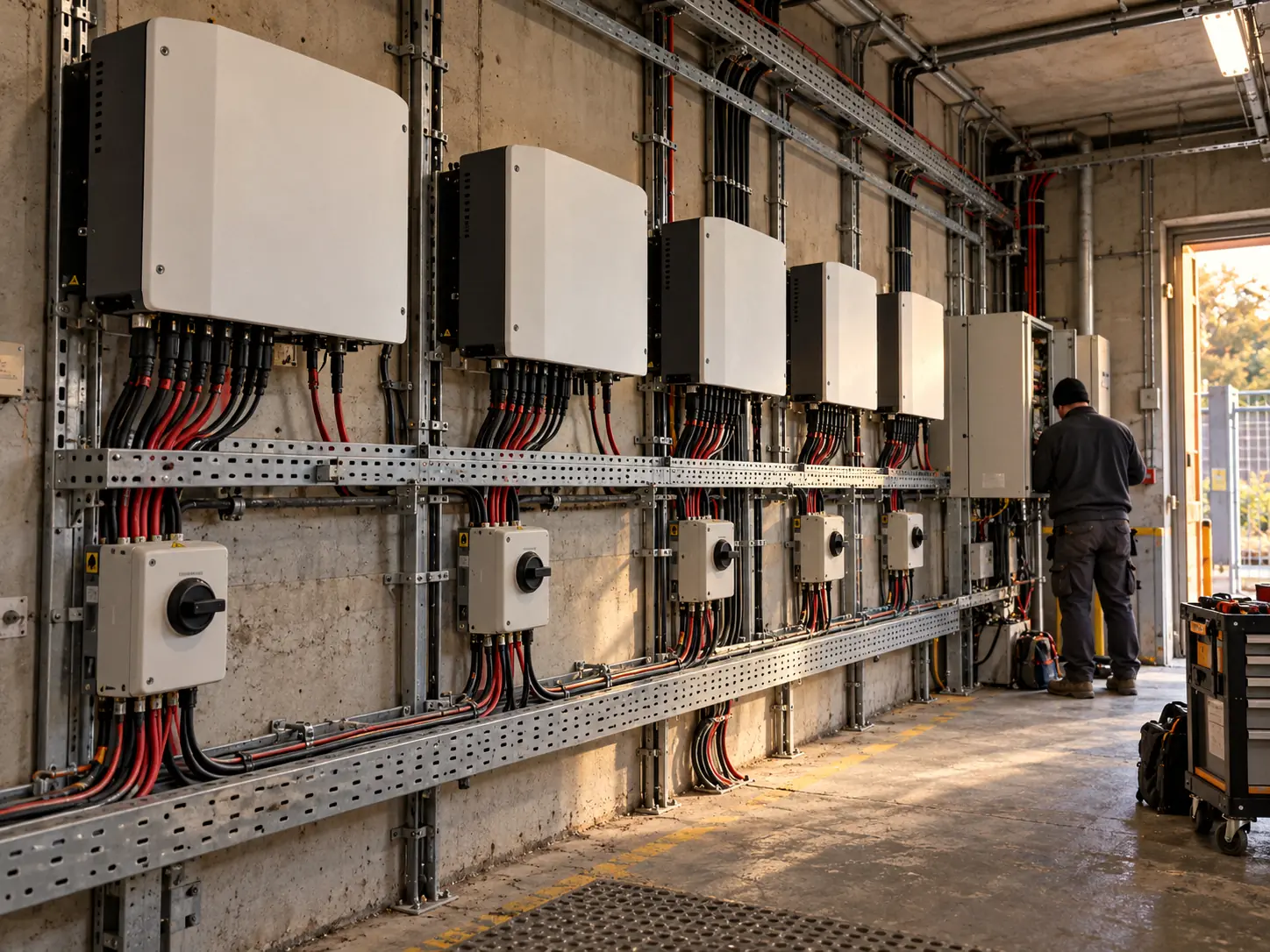 Onduleurs fixés au mur d’un local technique.