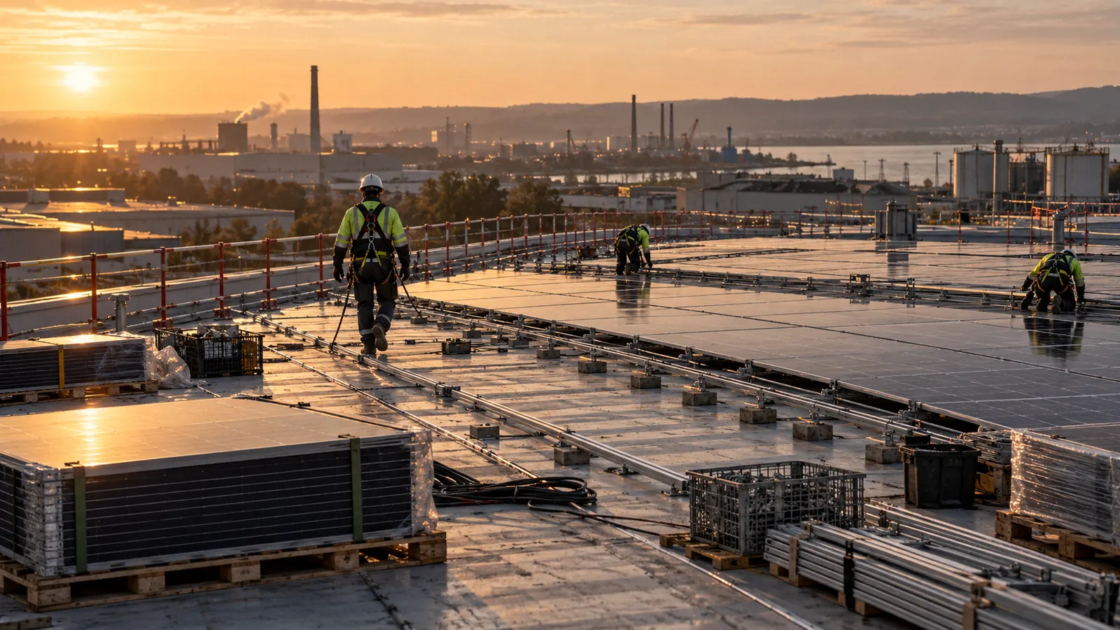 Pose de panneaux solaires sur une toiture industrielle, vue de loin.